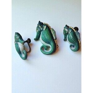 VTG Toshikane Japan Seahorse Brooch & Earrings Set Porcelain Enamel Screw Back